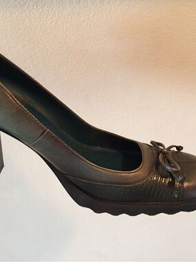 Hilary Radley Dark Green Block Heel Pump with Bow Detail